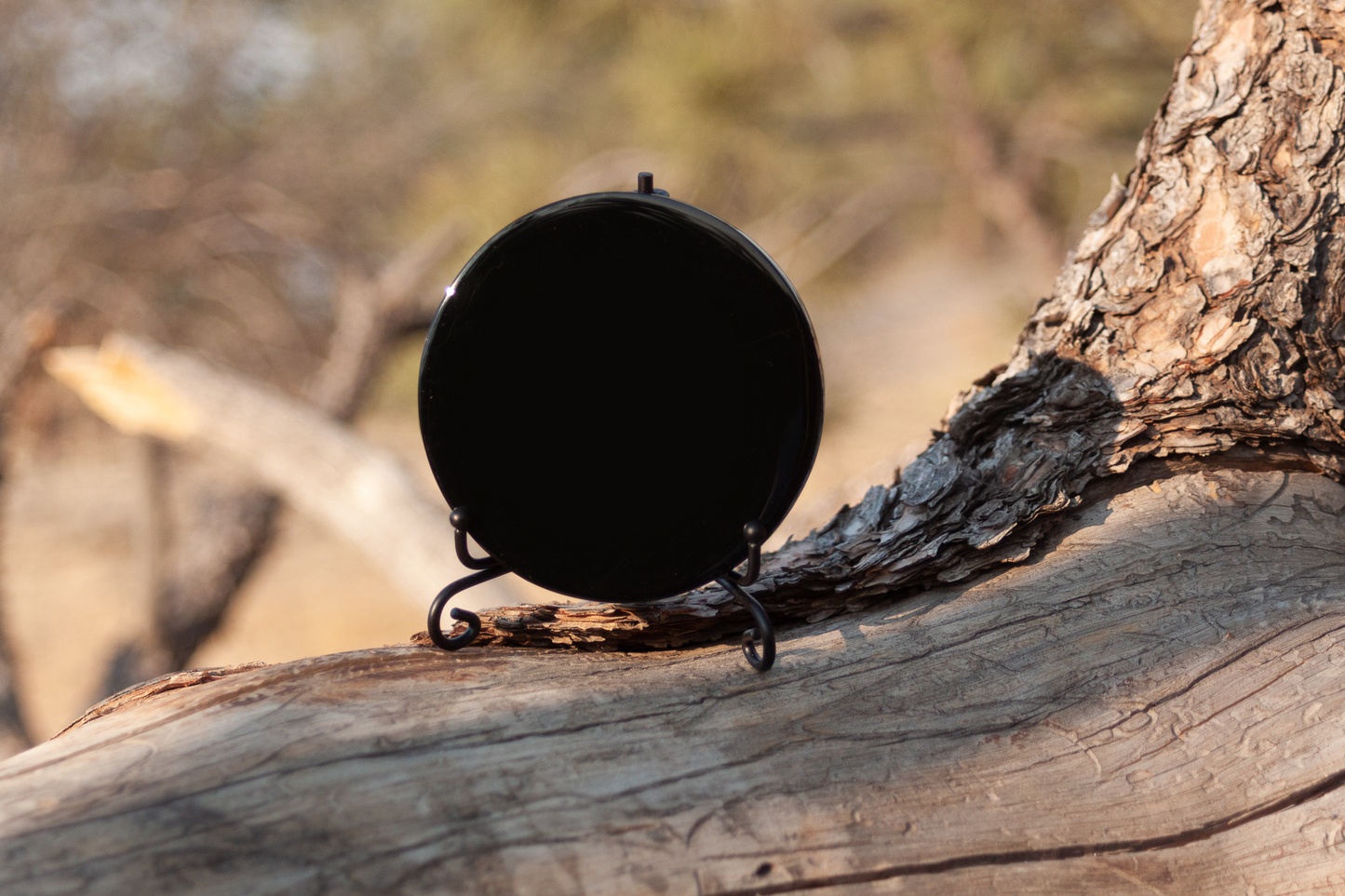 Polished 3.5" Black Obsidian Scrying Mirror WITH Iron Stand