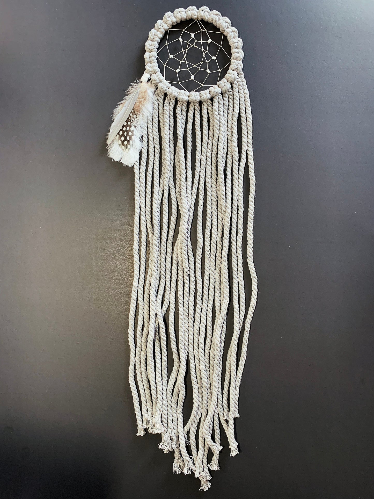 Macrame Dream Catcher with Feathers and Wood Beads