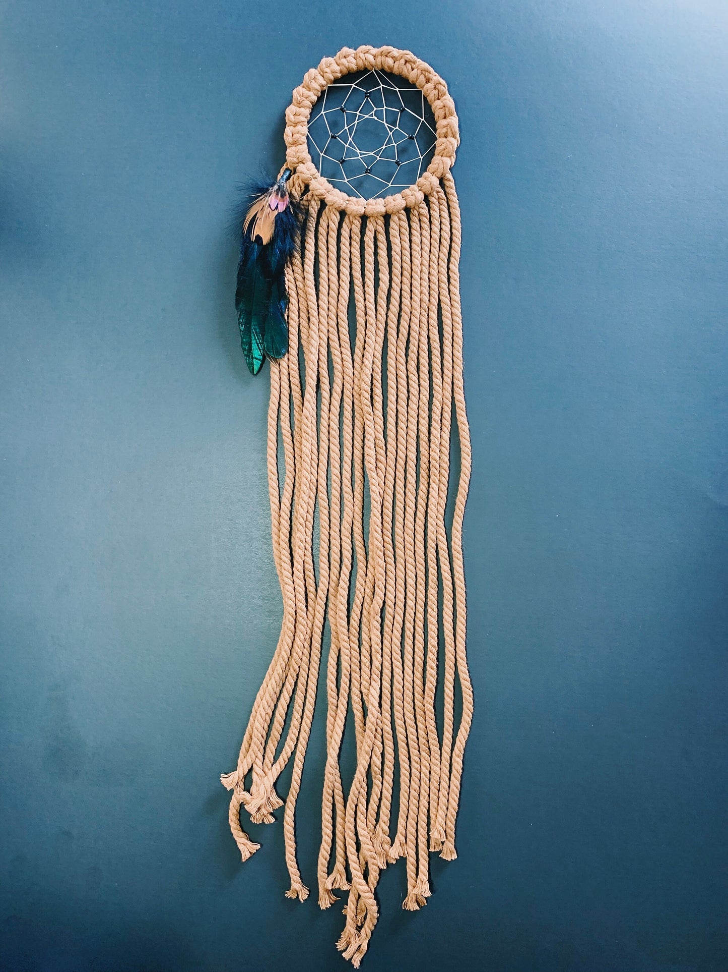 Macrame Dream Catcher with Feathers and Wood Beads