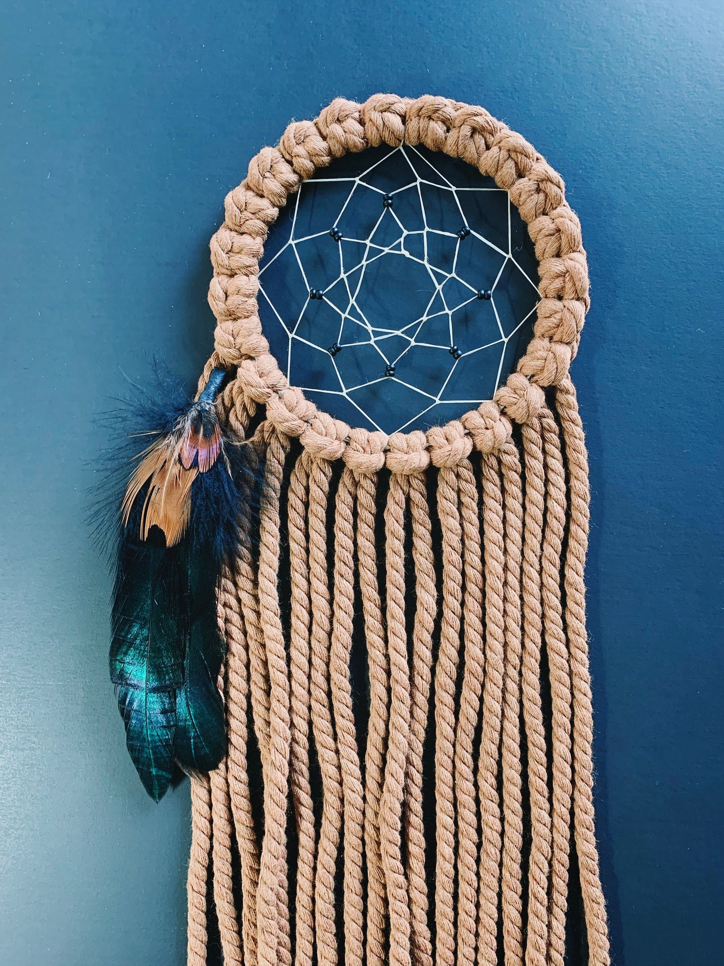 Macrame Dream Catcher with Feathers and Wood Beads