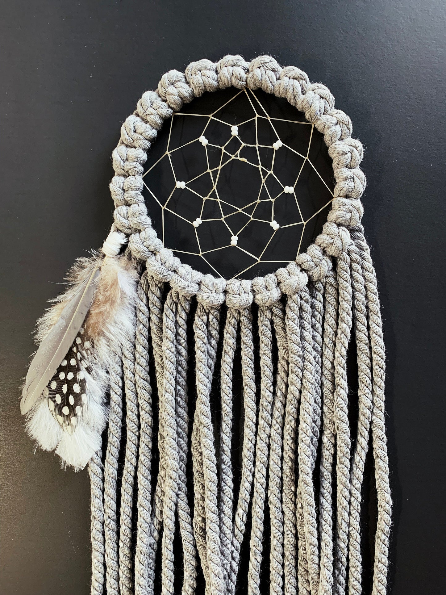 Macrame Dream Catcher with Feathers and Wood Beads