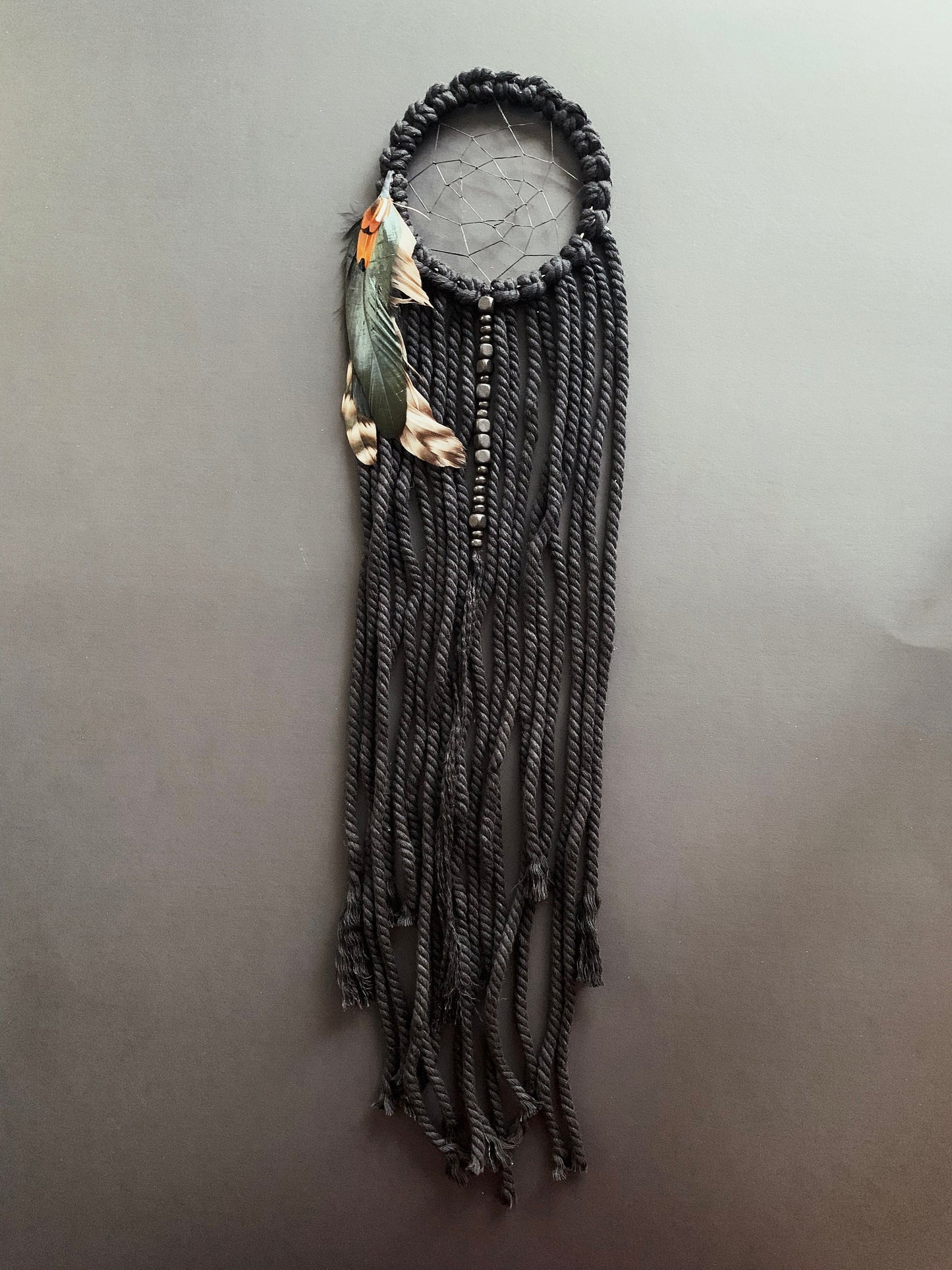 Macrame Dream Catcher with Feathers and Wood Beads