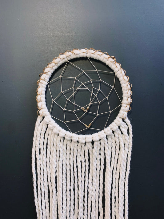Ivory Handmade Macrame Dream Catcher with Gold Hoop Accents